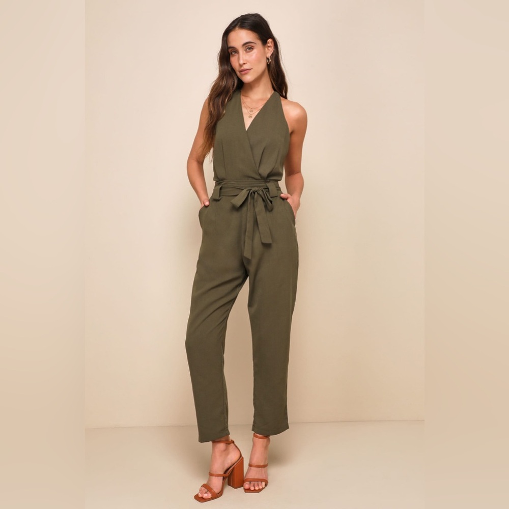 Lulu’s In the City Olive Green Surplice Sleeveless Jumpsuit - NWT Size L